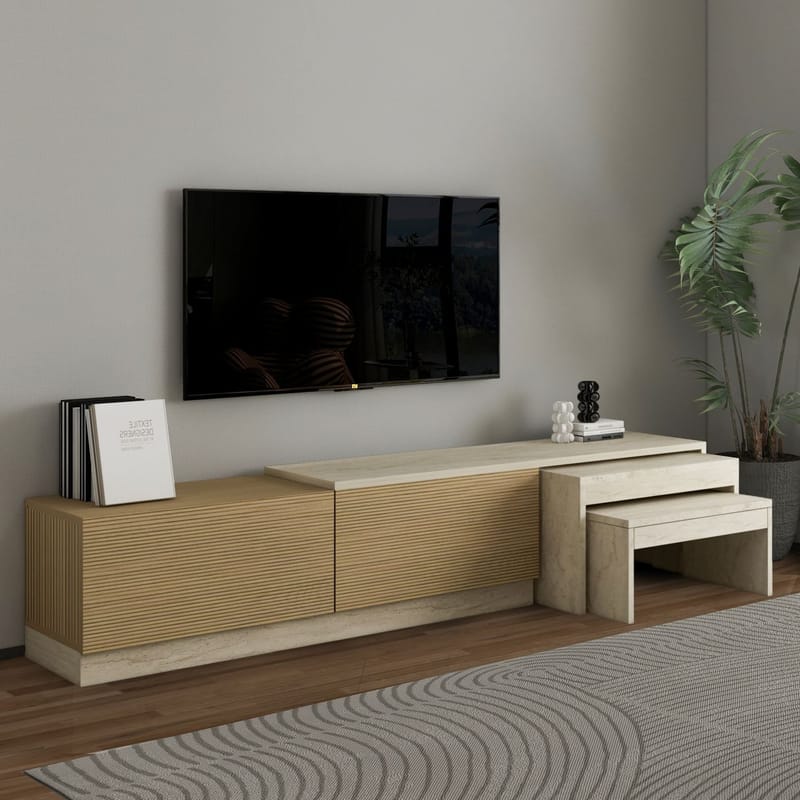Zalven TV-benk 180x36x30 cm - travertin og varm eik - Møbler - TV- & Mediamøbler - TV benk & mediabenk