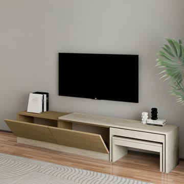 Zalven TV-benk 180x36x30 cm - travertin og varm eik - Møbler - TV- & Mediamøbler - TV benk & mediabenk