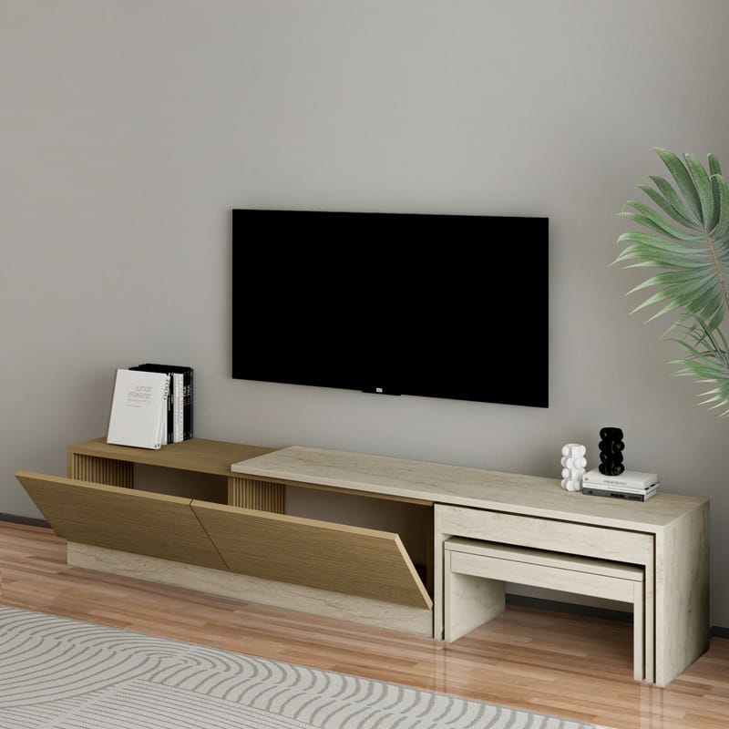 Zalven TV-benk 180x36x30 cm - travertin og varm eik - Møbler - TV- & Mediamøbler - TV benk & mediabenk