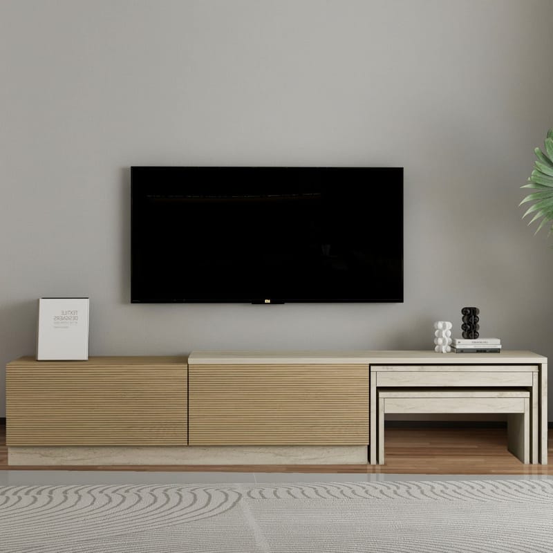 Zalven TV-benk 180x36x30 cm - travertin og varm eik - Møbler - TV- & Mediamøbler - TV benk & mediabenk