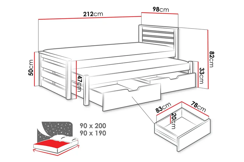 Alderamin Utvidbar Sengeramme 90x200 cm i Malt Tre med Oppbevaring - Hvit - Møbler - Senger - Sengeramme & sengestamme