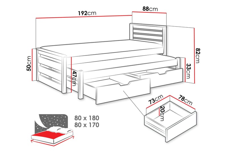 Alderamin Utvidbar Sengeramme med Oppbevaring 80x180 cm i Tre - Hvit - Møbler - Senger - Sengeramme & sengestamme