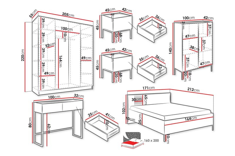 Amelus Møbelsett til Soverom - Brun - Møbler - Senger - Møbelsett til soverom