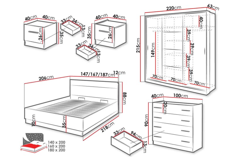 Dentrona Møbelsett For Soverom - Svart - Møbler - Senger - Møbelsett til soverom