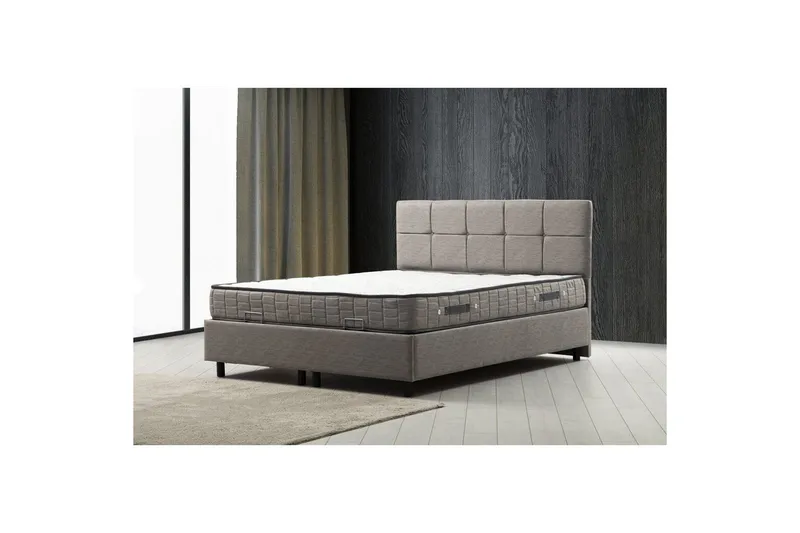 Dobbel madrass, base og hodegjerde Sudalmuni Sett Lysegrå - 140 x 114 x 200 cm - Møbler - Senger - Rammeseng