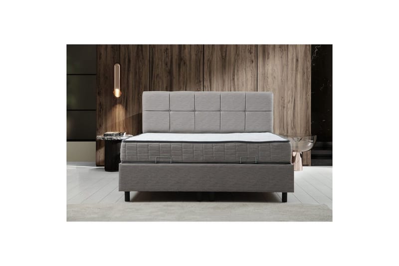 Dobbel madrass, base og hodegjerde Sudalmuni Sett Lysegrå - 150 x 107 x 204 cm - Møbler - Senger - Rammeseng