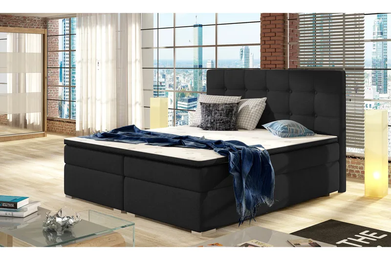 Esteiro Sengepakke – Dobbeltseng 160x200 cm i Stoff med Sengegavl + Overmadrass, Svart