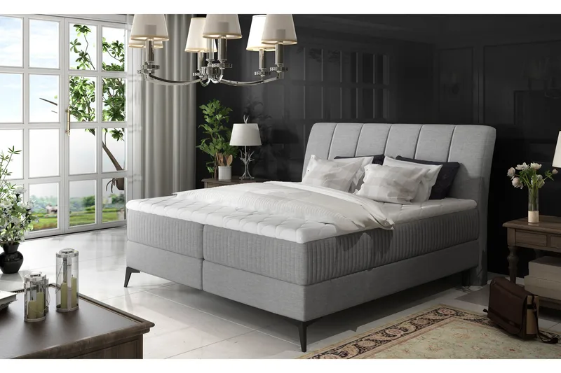 Hymana Sengepakke – Dobbeltseng 160x200 cm i Stoff med Sengegavl + Overmadrass, Grå