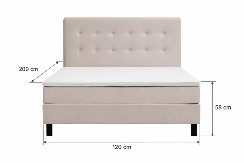 Dream Komplett Sengpakke med Knappet Sengegavl og Overmadrass – Kontinentalseng 120x200 cm i Stoff med Fasthetsgrad Medium - Beige - Møbler - Senger - Dobbeltsenger