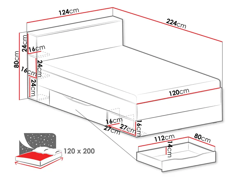Edson Sengepakke med Oppbevaring 120x200 cm i Tre med Sengegavl + Overmadrass med Stofframme - Hvit - Møbler - Senger - Senger med oppbevaring