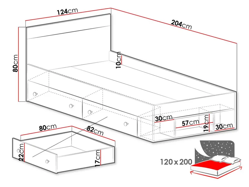 Elvaren Sengeramme med Oppbevaring 120x200 cm i Malt Tre med Sengegavl - Svart|Hvit - Møbler - Senger - Senger med oppbevaring