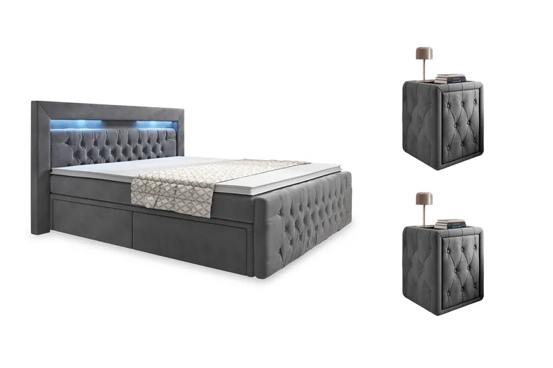Franco Komplett Sengpakke med Oppbevaring LED-belysning 180x200 cm + 2 stk. Franco Nattbord, Grå / Fløyel