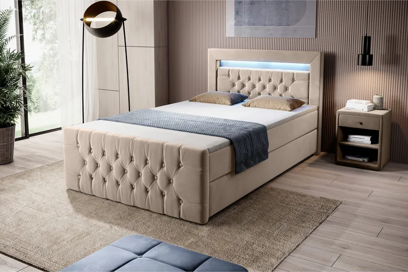 Franco Sengepakke 120x200 med Oppbevaring, Beige/Fløyel