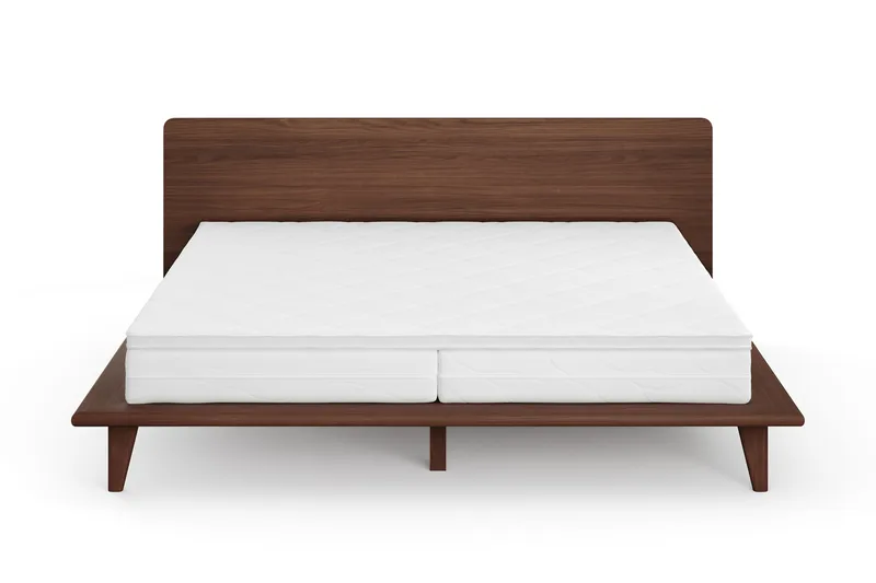 Gryning sengeramme med gavl 180x200 cm med springfjærmadrass og overmadrass i polyeterskum, vendbar sommer- og vinterside, vaskbart trekk, Valnøtt