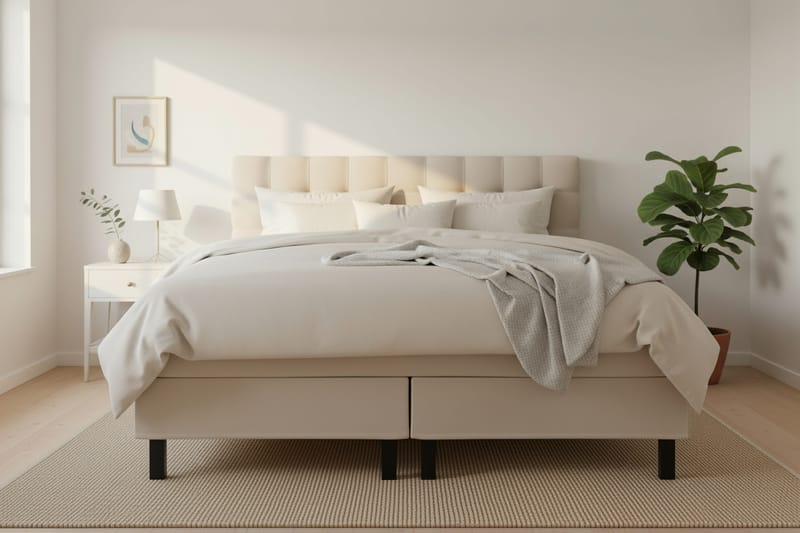 Hilton Komplett Sengpakke 180x200 cm Kontinentalseng med rutet sengegavl - Beige - Møbler - Senger - Kontinentalsenger