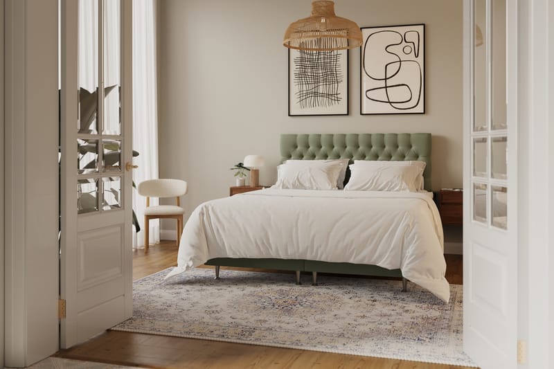 Hilton luksus Komplett Sengpakke 160x200 cm Kontinentalseng med knappet sengegavl i fløyel - Olive / Fløyel - Møbler - Senger - Kontinentalsenger
