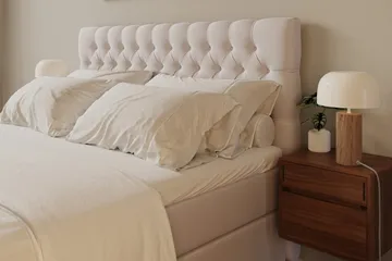 Hilton Lyx Komplett Sengpakke 160x200 cm Kontinentalseng med knappet sengegavl i fløyel - Beige / Fløyel - Møbler - Senger - Kontinentalsenger