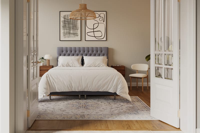 Hilton Lyx Komplett Sengpakke 160x200 cm Kontinentalseng med knappet sengegavl i fløyel - Grå / Fløyel - Møbler - Senger - Kontinentalsenger