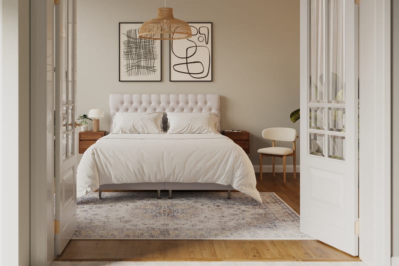 Hilton lyx Komplett Sengpakke 180x200 cm Kontinentalseng med knappet sengegavl i fløyel - Beige - Møbler - Senger - Kontinentalsenger