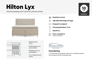 Hilton Lyx Komplett Sengpakke 180x200 cm Kontinentalseng med knappet sengegavl i fløyel - Beige - Møbler - Senger - Kontinentalsenger