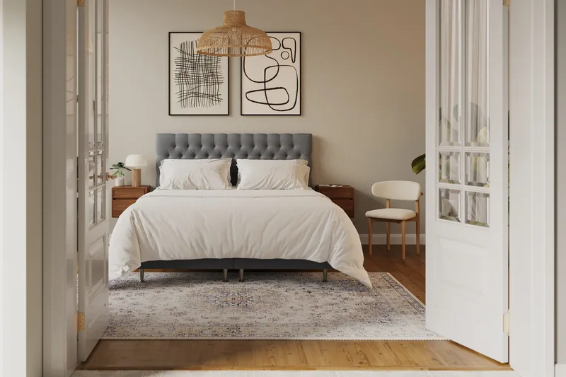 Hilton Lyx Komplett Sengpakke 180x200 cm Kontinentalseng med knappet sengegavl i fløyel - Lysegrå - Møbler - Senger - Kontinentalsenger