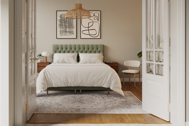 Hilton lyx Komplett Sengpakke 180x200 cm Kontinentalseng med knappet sengegavl i fløyel - Olive - Møbler - Senger - Kontinentalsenger