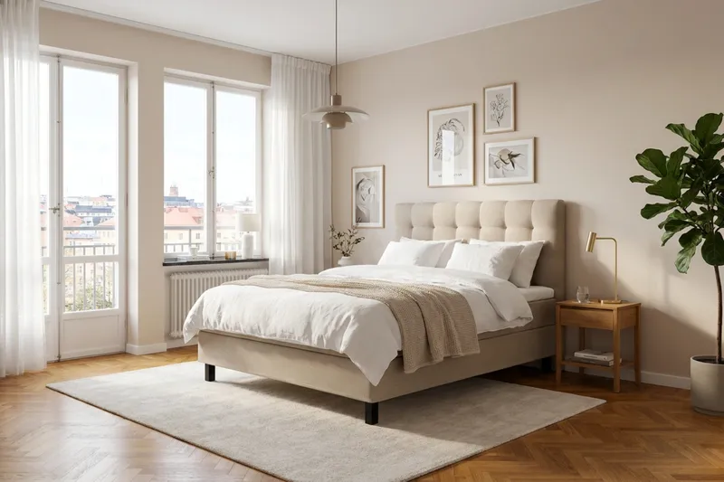 HVILA Classic komplett sengepakke 140x200 cm, kontinentalseng med rutete sengegavl - Beige - Møbler - Senger - Kontinentalsenger