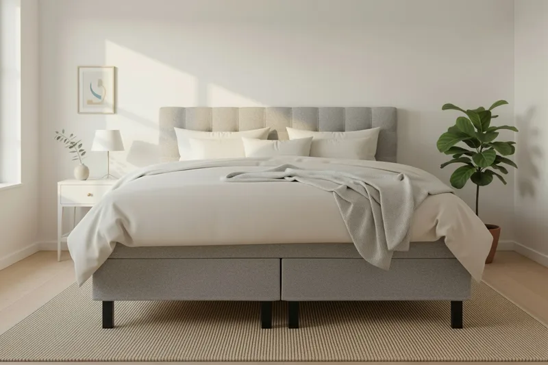 HVILA Classic komplett sengepakke 160x200 cm kontinentalseng med rutet sengegavl - Grå / Teddy - Møbler - Senger - Kontinentalsenger