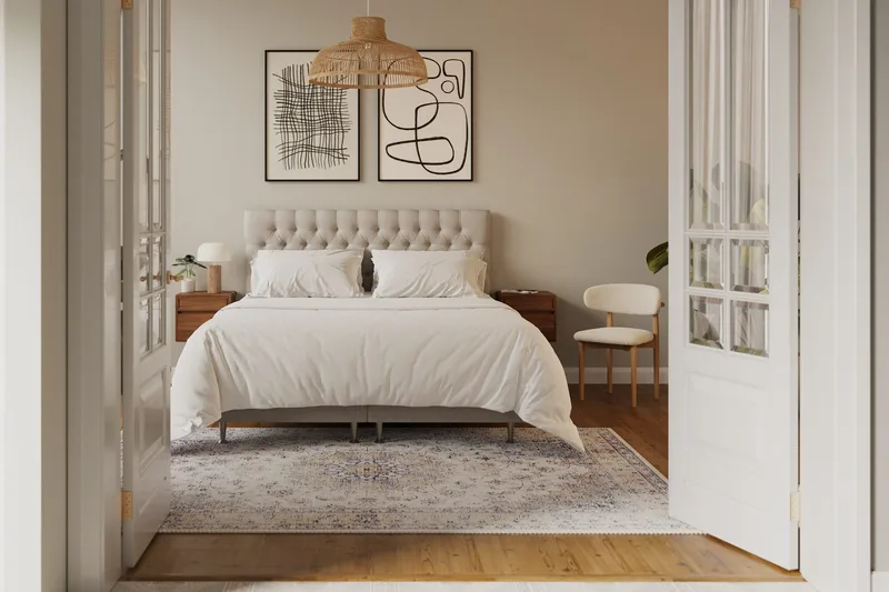 HVILA Lyx komplett sengesett 180x200 cm kontinentalseng med knappepolstret sengegavl - Beige - Møbler - Senger - Kontinentalsenger