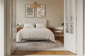 HVILA Lyx komplett sengesett 180x200 cm kontinentalseng med knappepolstret sengegavl i fløyel - Beige - Møbler - Senger - Kontinentalsenger