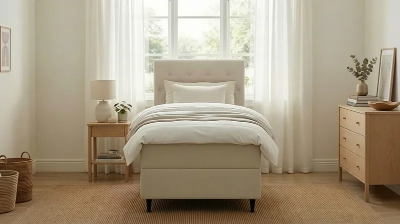 HVILA Plus Komplett Sengepakke – Kontinentalseng 90x200 cm i Stoff med Oppbevaring, Sengegavl + Overmadrass med Fasthetsgrad Medium Fast - Lysebeige - Møbler - Senger - Kontinentalsenger