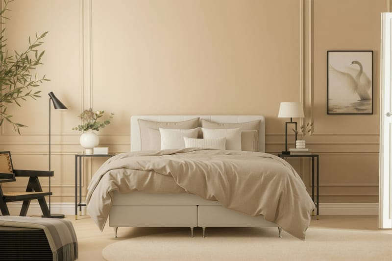 HVILA Premium Komplett Sengpakke 160x200 cm Kontinentalseng med Sengegavl - Lysebeige stoff - Møbler - Senger - Kontinentalsenger