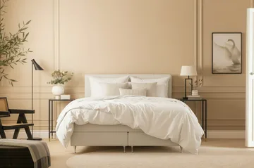 HVILA Premium Komplett Sengpakke 180x200 cm Kontinentalseng med Sengegavl - Lysebeige bouclé - Møbler - Senger - Kontinentalsenger