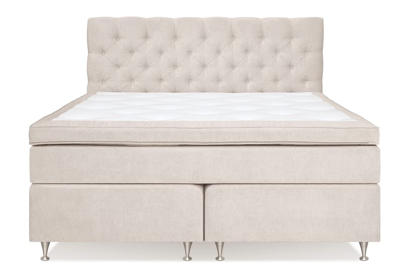 Joluma Komplett Sengepakke – Kontinentalseng 180x200 cm i Stoff med Sengegavl + Overmadrass med Fasthetsgrad Fast, Lys Beige