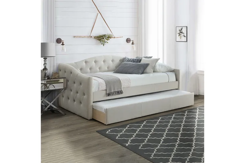 Atlanta Sengepakke med Oppbevaring 90x200 cm i Stoff med Sengegavl + Overmadrass - Lys Beige - Møbler - Senger - Sengeramme & sengestamme