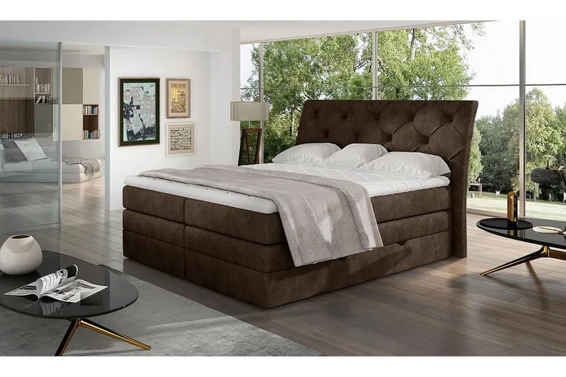 Bellamir Sengepakke 180x200 cm i Stoff med Oppbevaring og Sengegavl + Overmadrass, Brun