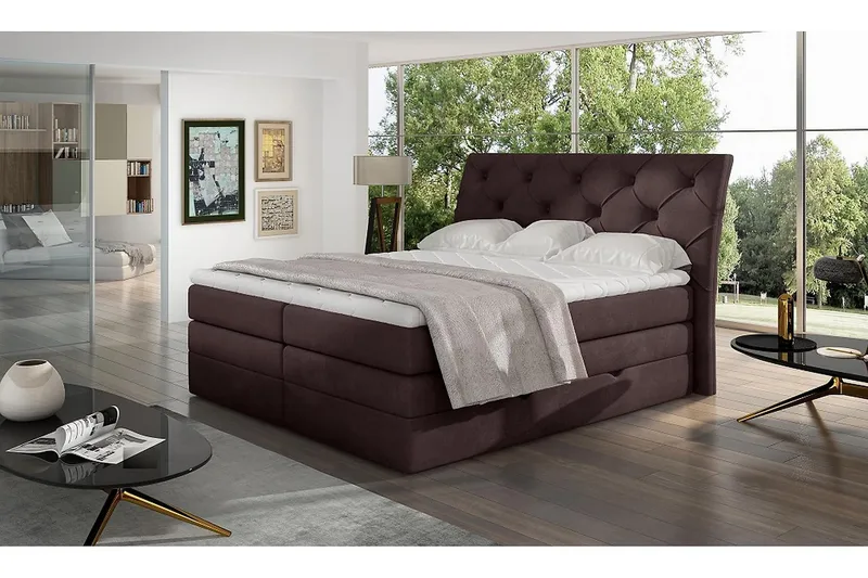 Bellamir Sengepakke 180x200 cm i Stoff med Oppbevaring og Sengegavl + Overmadrass, Brun