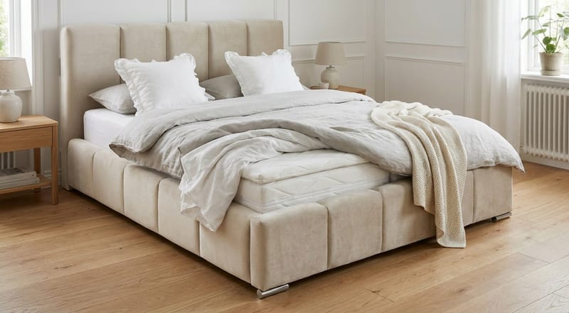 Cleaton sengeramme 160x200 cm med oppbevaring, HVILA fjærmadrass og overmadrass i memoryskum med vaskbart trekk - Beige/hvit - Møbler - Senger - Komplett sengepakke