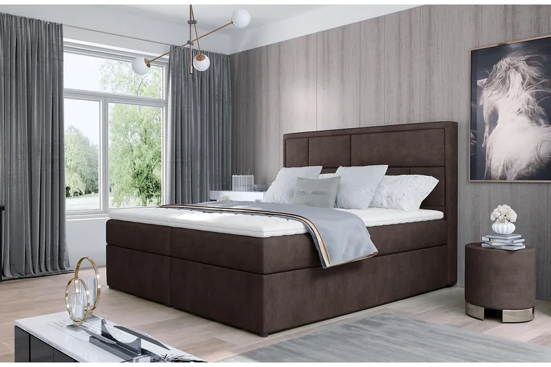 Emeron Sengepakke 180x200 cm i Stoff med Sengegavl + Overmadrass, Brun