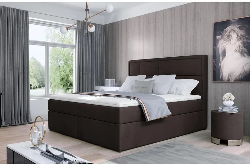 Emeron Sengepakke 180x200 cm i Stoff med Sengegavl + Overmadrass, Brun