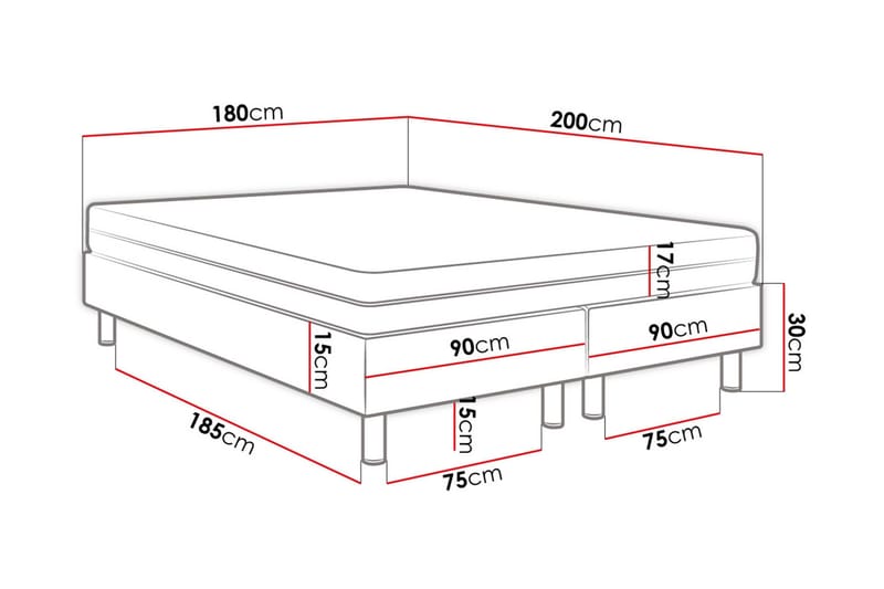 Kontinentalseng Forenza 180x200 cm+Panel 40 cm - Hvit - Møbler - Senger - Sengeramme & sengestamme