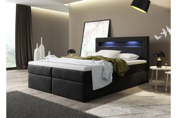 Oscar Sengepakke 180x200 cm i Fløyel med Sengegavl + Overmadrass - Svart - Møbler - Senger - Komplett sengepakke