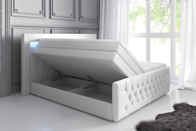 Sengepakke Celio Lyx 160x200 LED-belysning - Hvit|Kunstlær - Senger med oppbevaring - Komplett sengepakke