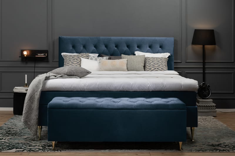 Komplett Sengepakke Torsö 210x210 - Mørkeblå Fløyel|Høye Sølvben - Komplett sengepakke - Kontinentalsenger - Dobbeltsenger