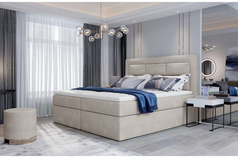 Vivera Sengepakke 140x200 cm i Stoff med Sengegavl + Overmadrass, Beige