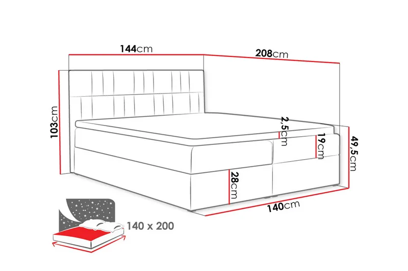 Frusci Sengepakke – Kontinentalseng 140x200 cm med Sengegavl + Overmadrass med Fasthetsgrad Medium - Blå - Møbler - Senger - Kontinentalsenger