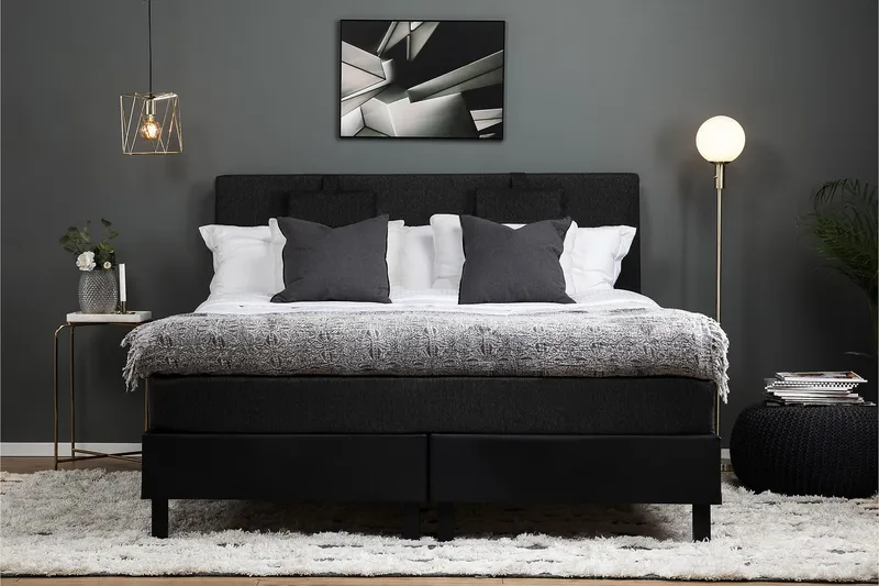 Komplett Sengepakke Lucky 160x200 Glatt Gavl Svart/Grå/PU - Lateks Nakkepute Liten - Møbler - Senger - Kontinentalsenger