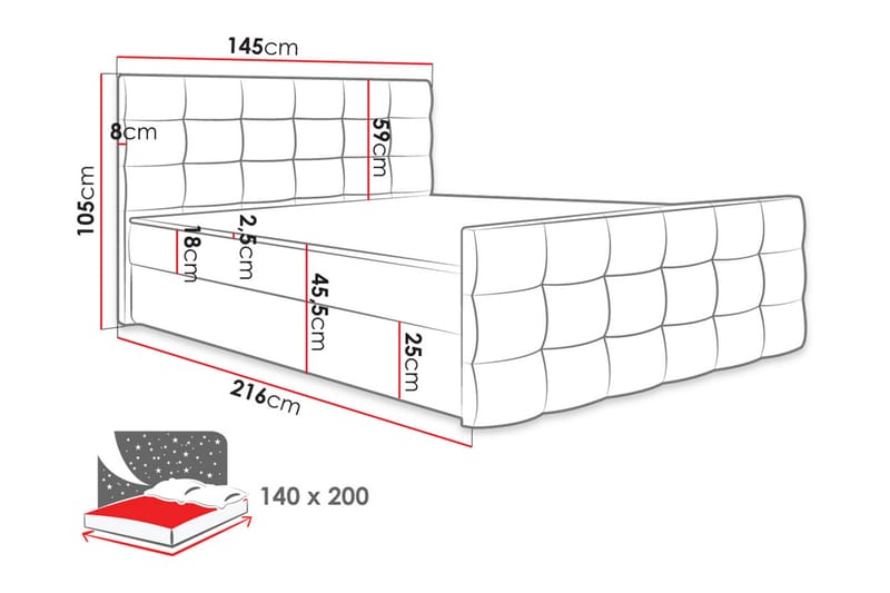 Kontinentalseng Dihel 140x200 cm med Sengegavl - Svart - Kontinentalsenger