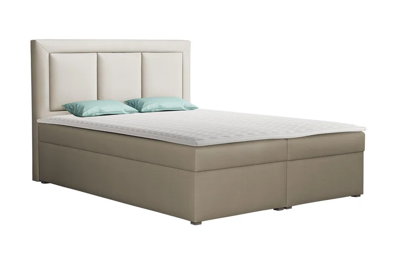 Moden Sengepakke – Kontinentalseng 140x215 cm i Stoff med Oppbevaring, Sengegavl + Overmadrass med Hardhetsgrad Myk, Beige