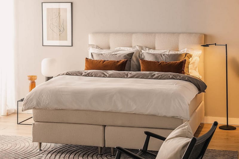 Oslo Lyx Komplett Sengpakke Boucle Knappegavl 160x200 cm - Beige - Møbler - Senger - Kontinentalsenger